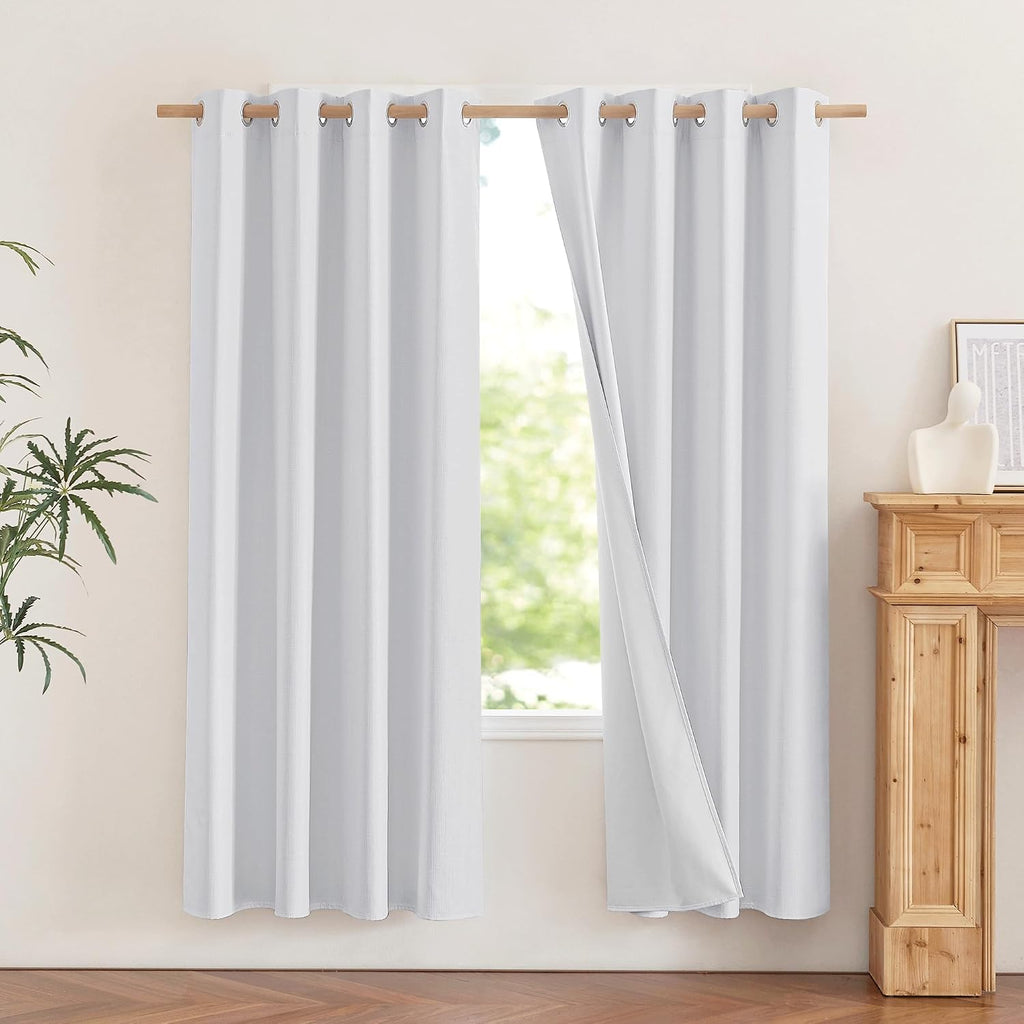 NICETOWN 100% Absolutely Blackout Linen Curtains with Thermal Insulated White Liner, White, 52 inches Wide, 72 inches Length Energy…