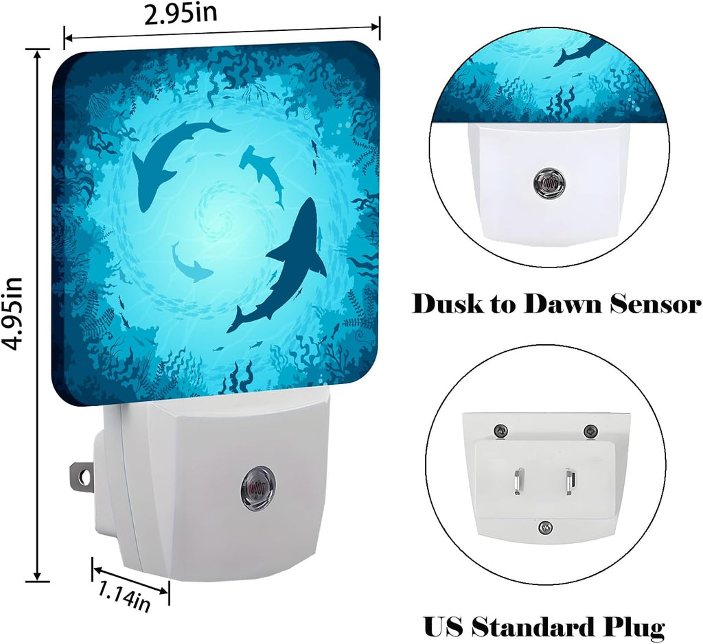 Floating Sharks Night Light, Plug Into Wall with Dusk to Dawn Light Sensors, Warm Nightlights for Bedroom, Bathroom, Hallway, Kitchen…