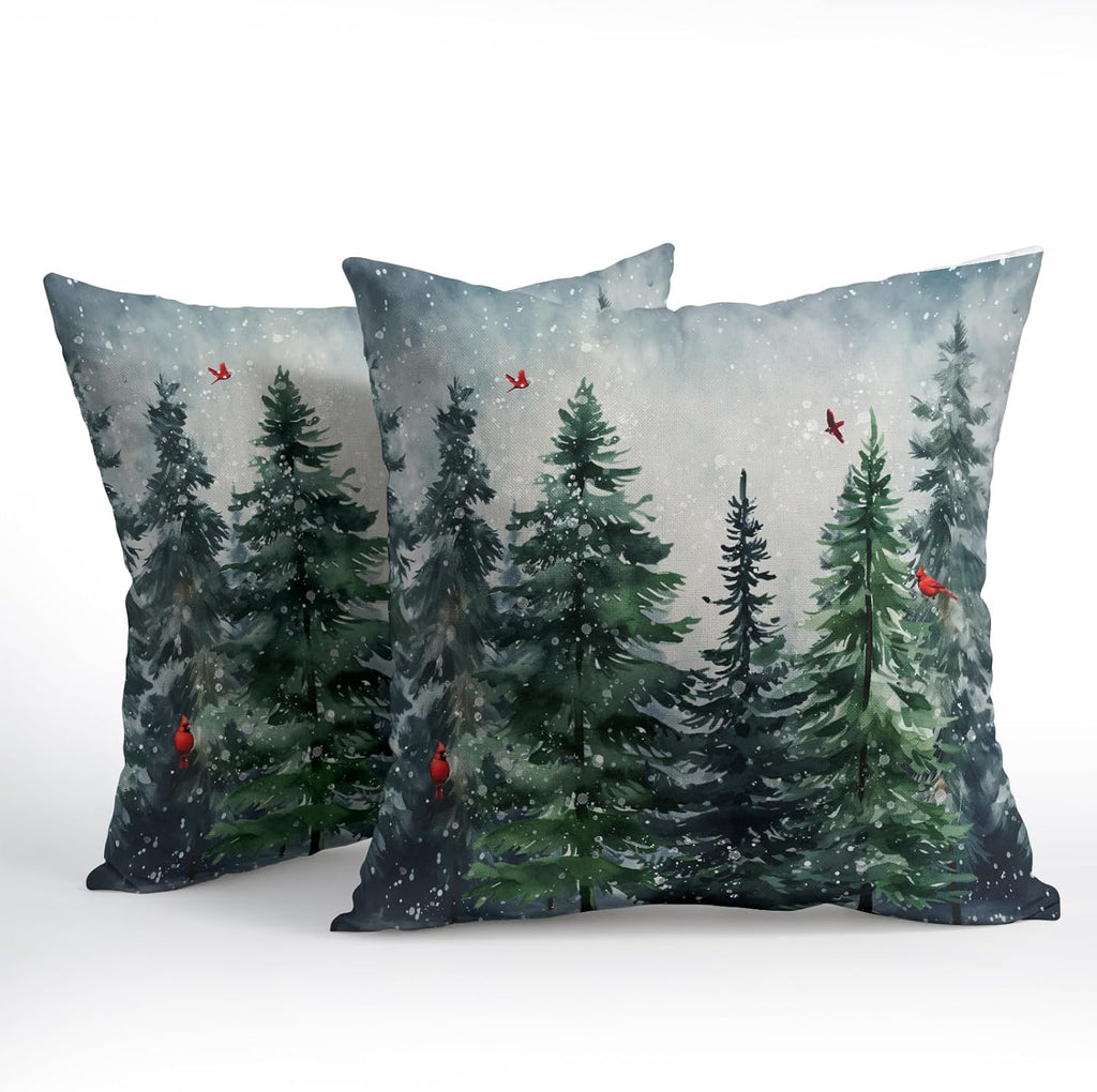 Granbey Green Tree Throw Pillow Covers Winter Snowy Forest Pillowcase 16x16 inch 2 PCS Nature Landscape Red Bird Decorative Cushion Cover f…