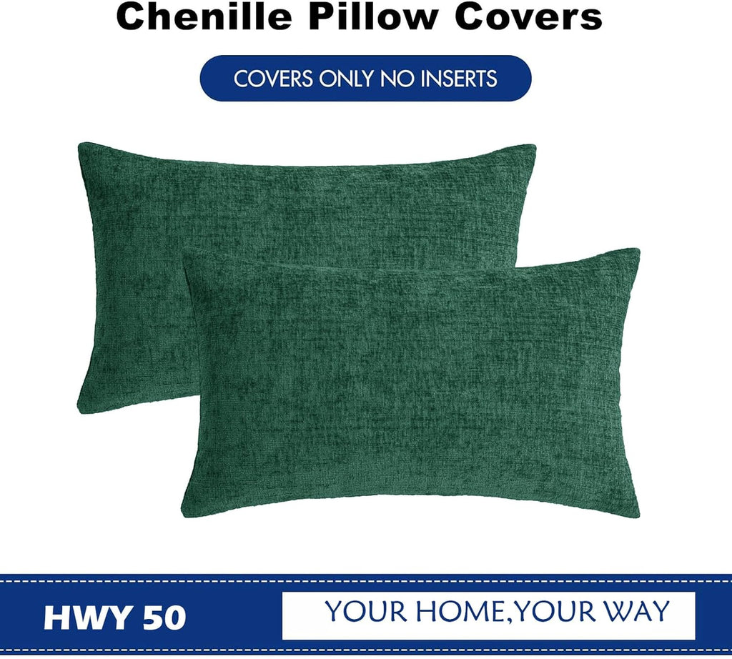 Hwy50 HWY 50 Dark Green Lumbar Pillow Covers 12x20 Inch Pack of 2, Soft Chenille Decorative Throw Pillow Covers Farmhouse for Couch Sofa Li…