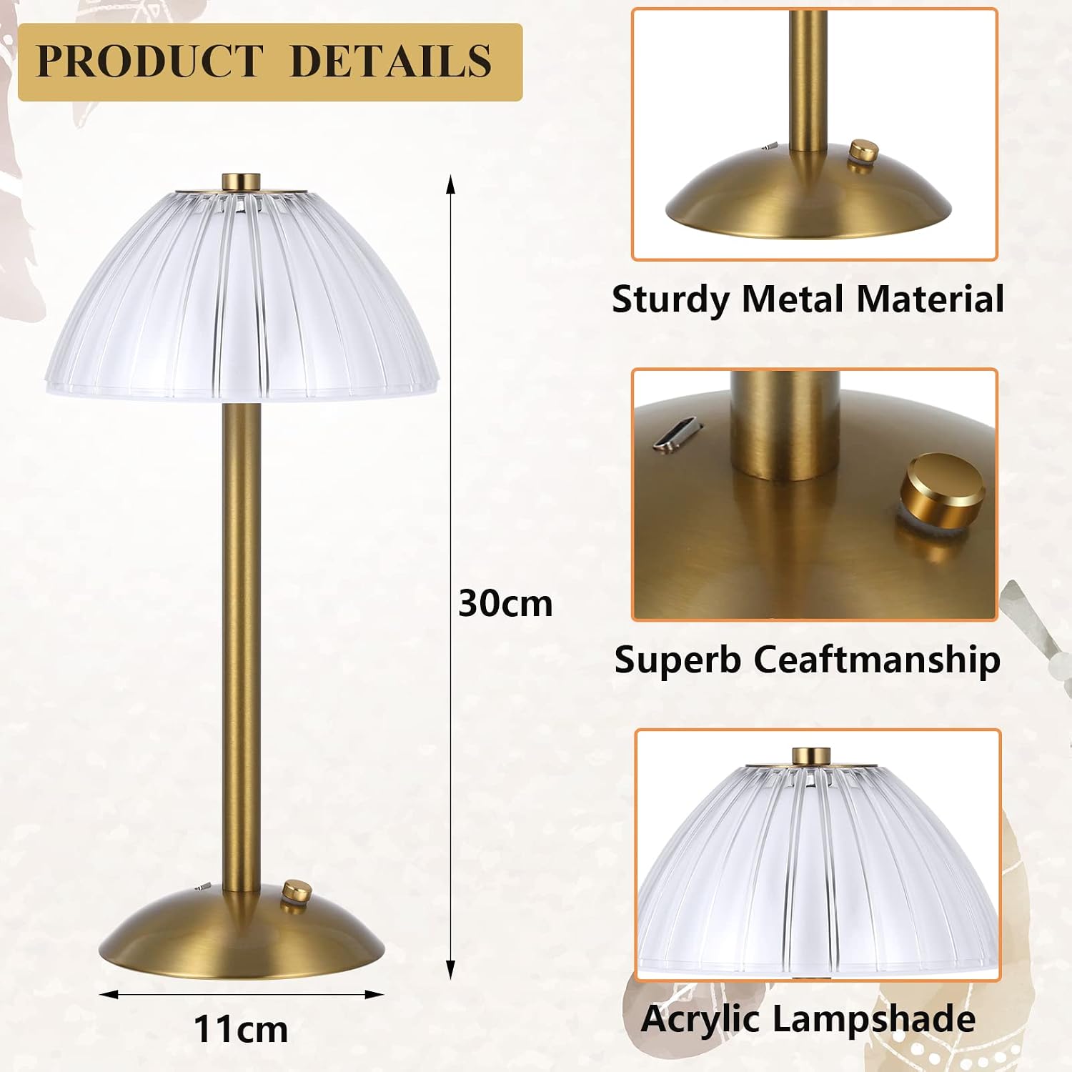 Liliful 1 Pcs Cordless Table Lamp Rechargeable Touch LED Small Gold Portable Battery Operated USB-c Desk Lamp 3 Color Dimmable for…
