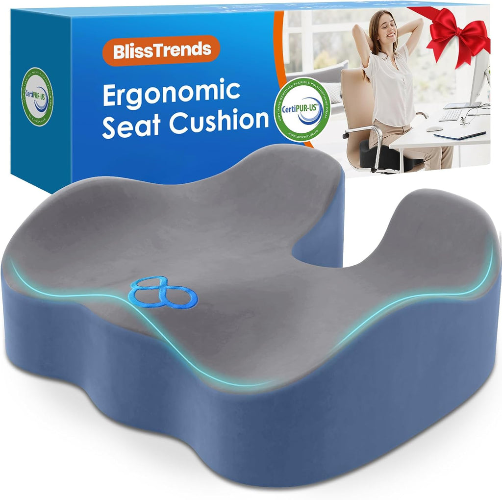BlissTrends Seat Cushion, Thick Memory Foam Cushions for Office Chair, Car Seat, Airplane, Relieving Pressure Tailbone Sciatica Back Pain fo…