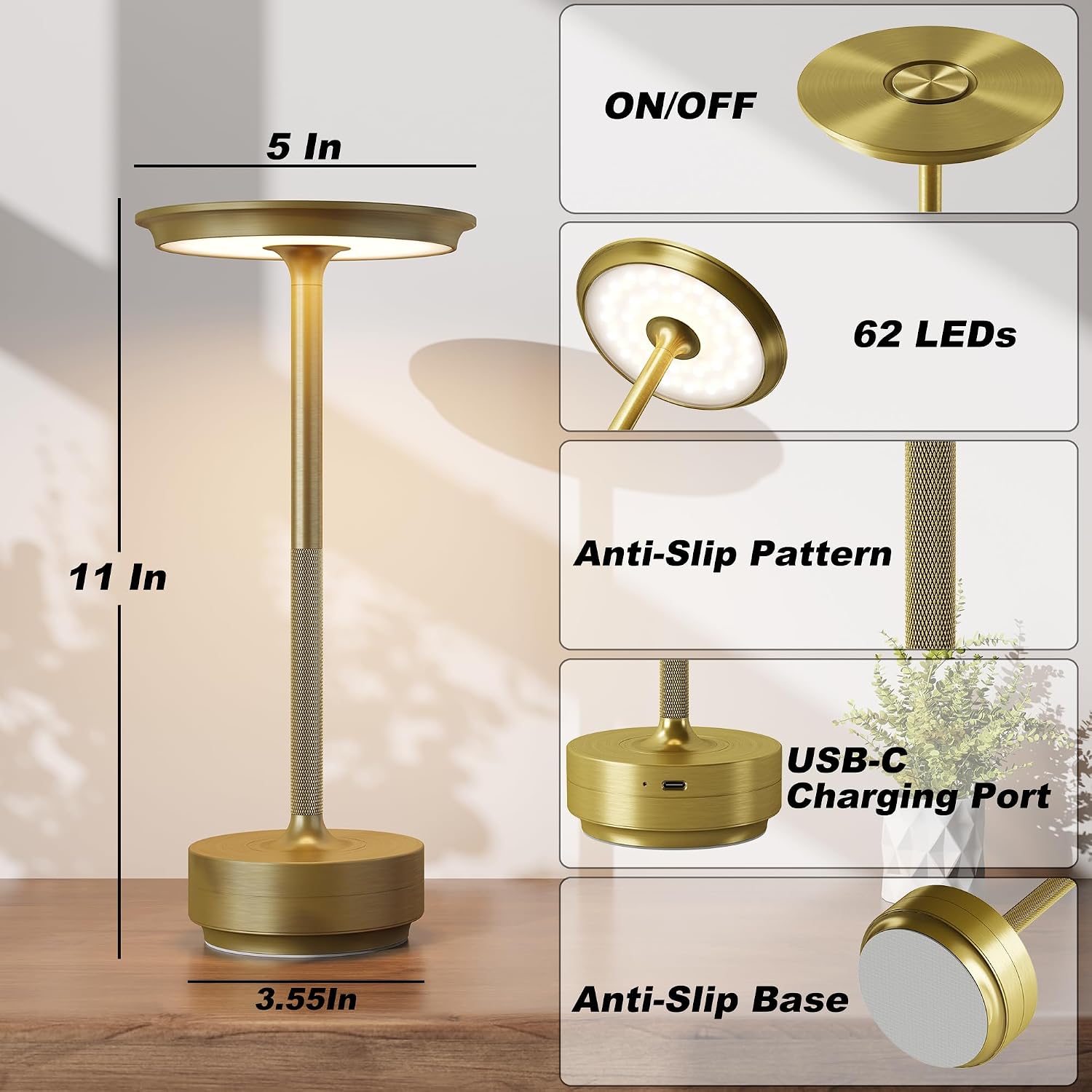 TBBGA 1 Pack Cordless Table Lamps Rechargeable, Portable 5000mAh Battery Operated Lamp, 3 Color Stepless Dimming LED Table Light with…