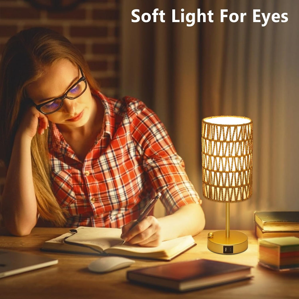 Gold Table Lamp for Bedroom with Bulb, Small Touch Control Table Lamp for Living Room with Rattan & Linen Shade, 3 Way Dimmable Bedside…