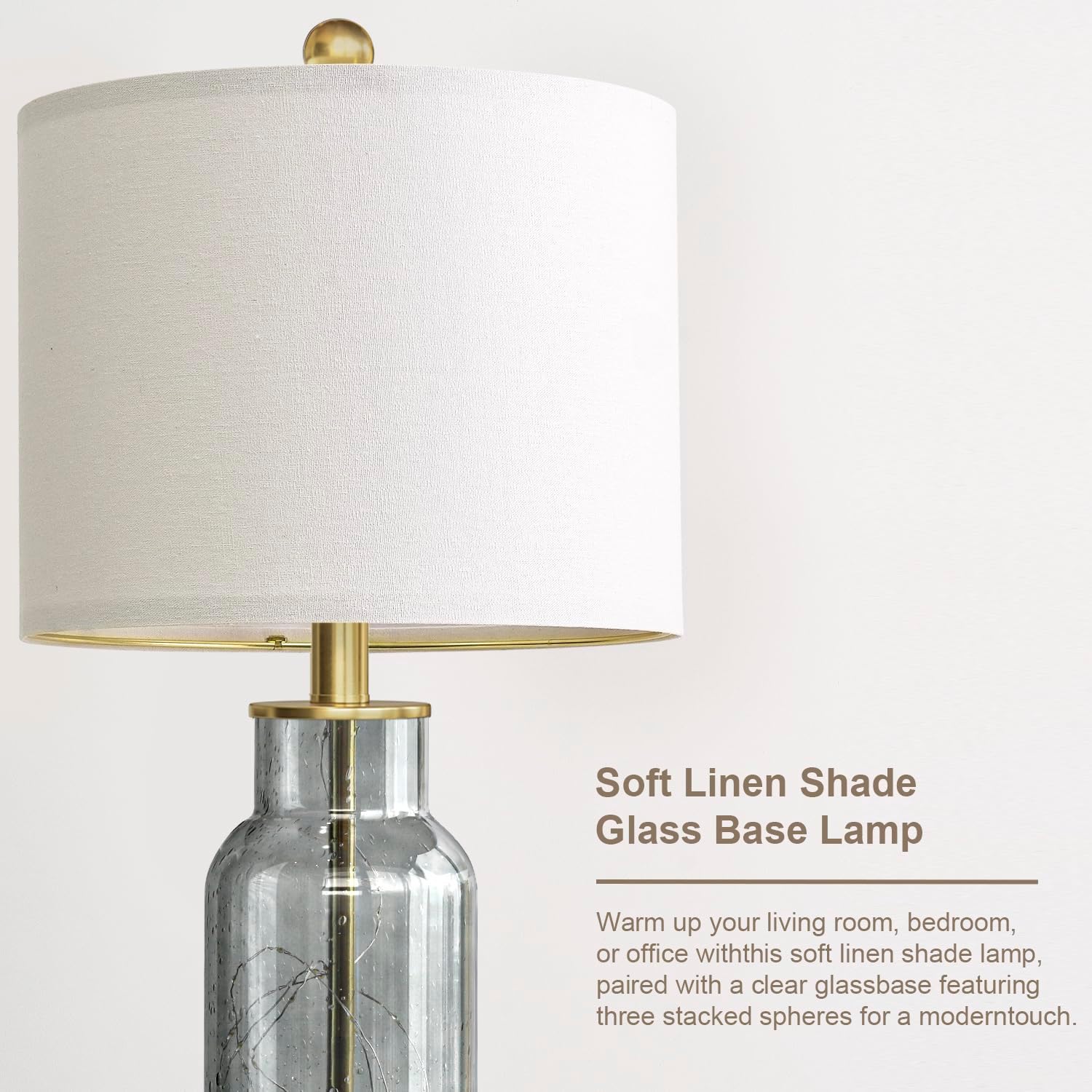 Oneach 22" Glass Table Lamps Set of 2, Gray Modern Bedside Lamp with LED Night Light for Living Room, Nightstand Lamp with USB Ports for Be…