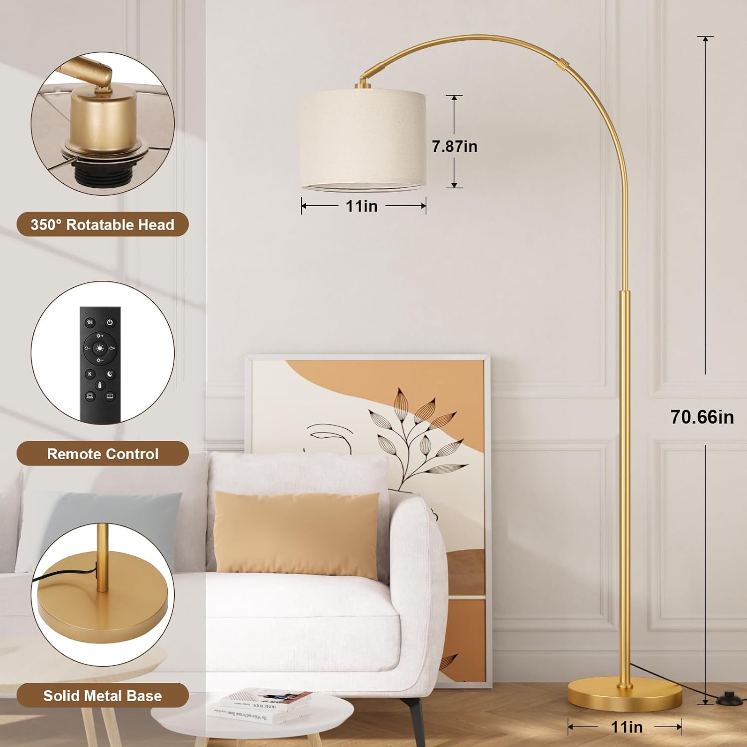 Ambimall Dimmable Arc Floor Lamp with Remote, Color Temperatures and Brightness Adjustable, Arched Floor Lamp with Rotating Head, Over…