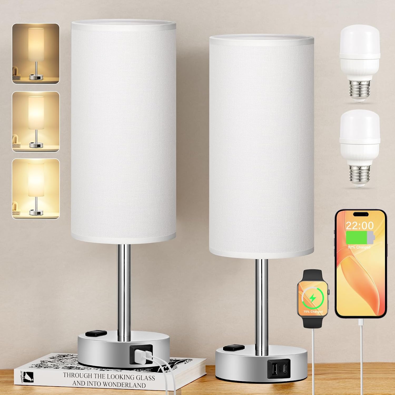 PartageiZ White Touch Nightstand Lamps Set - 3 Way Dimmable Bedside Table Lamp for Bedroom with USB Ports, Small Lamps with AC Outlet for…