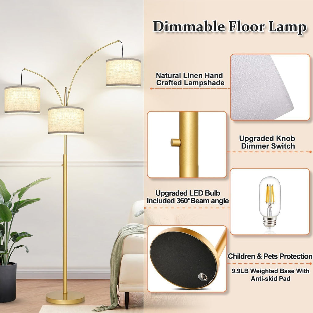 Nintiue Dimmable Floor Lamp - 3 Lights Gold Arc Floor Lamps for Living Room, 1000LM Modern Tall Standing Lamp with White Shades, Mid…