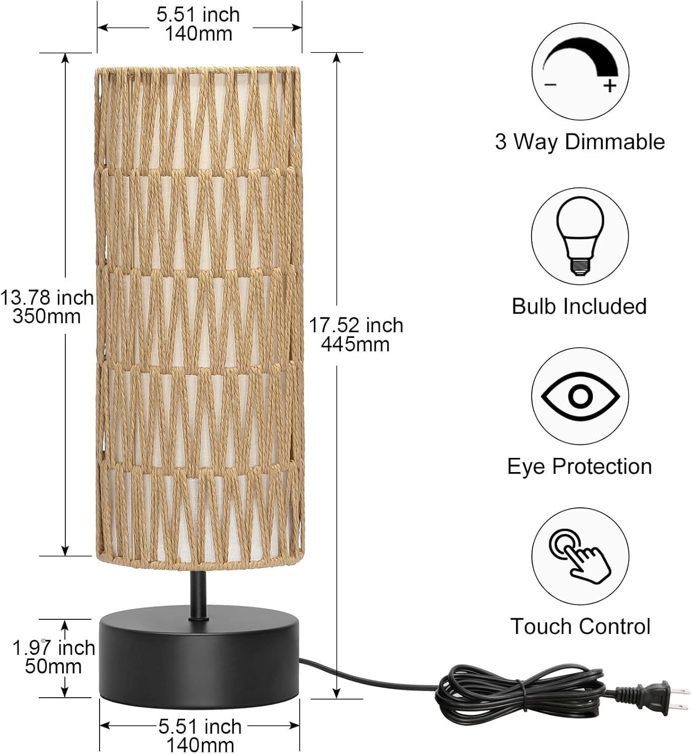 Rattan Table Lamp, Touch Control Bedside Table Lamp with Black Base, 3 Way Dimmable Nightstand Lamp with Dual-layer Shade, Boho Night…