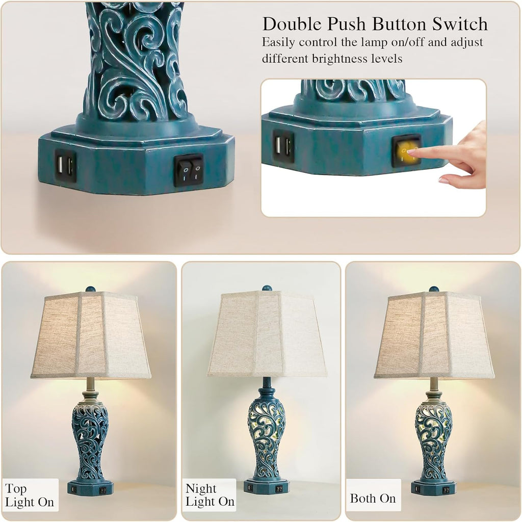 25'' Farmhouse Table Lamps Set of 2 for Living Room Bedroom, 2 USB Ports Coastal Vintage Table Lamp with Nightlight, Blue Green Hollow…