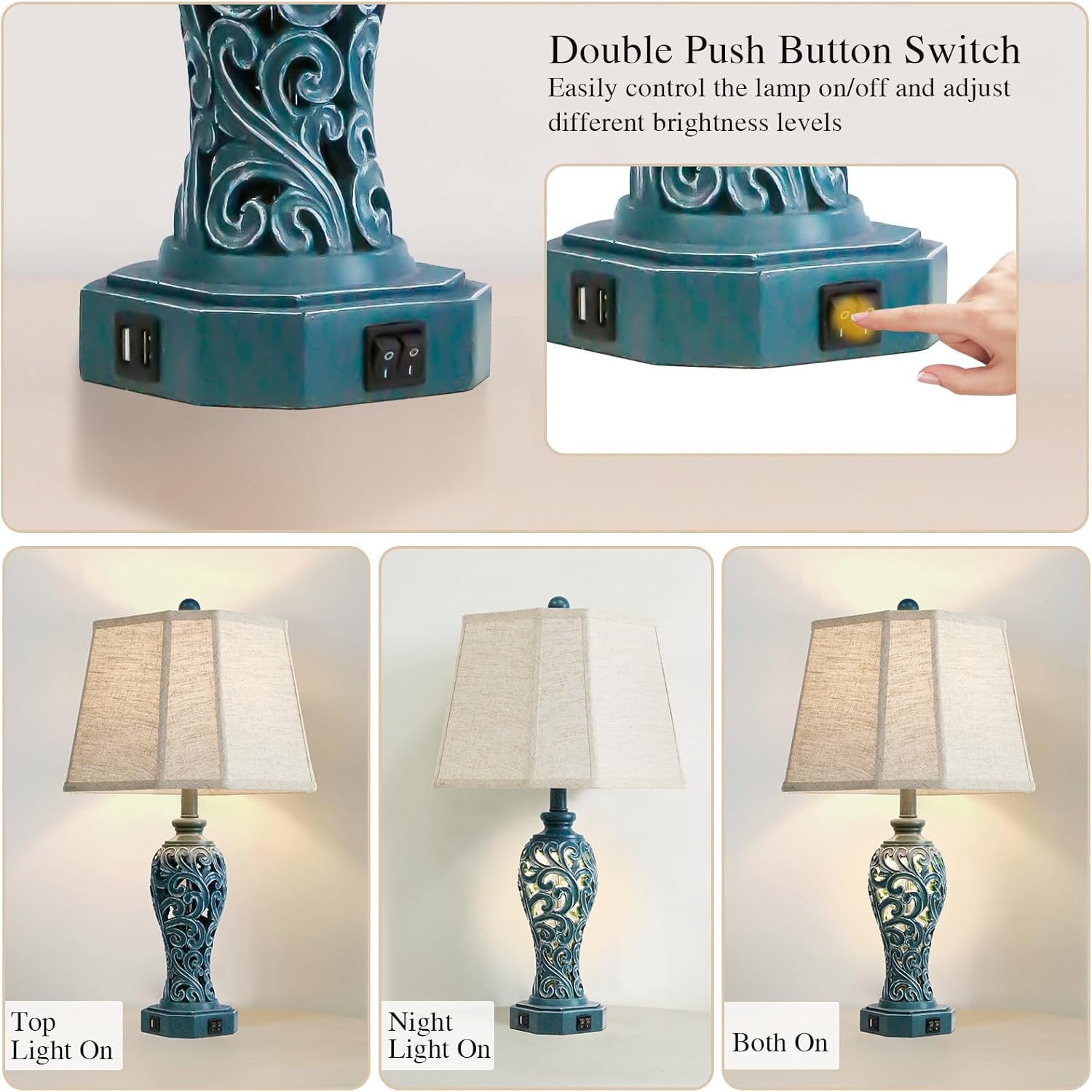 25'' Farmhouse Table Lamps Set of 2 for Living Room Bedroom, 2 USB Ports Coastal Vintage Table Lamp with Nightlight, Blue Green Hollow…