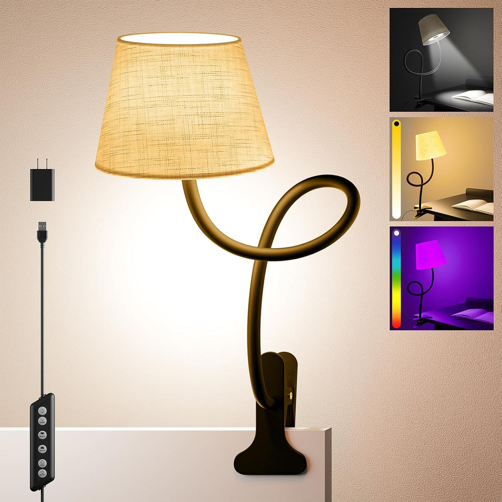 Clip on Bedside Lamp with Fabric Shade, Dimmable Reading Light 10-Level Brightness Memory, RGB & 3 Color Temperatures, Flexible Gooseneck…