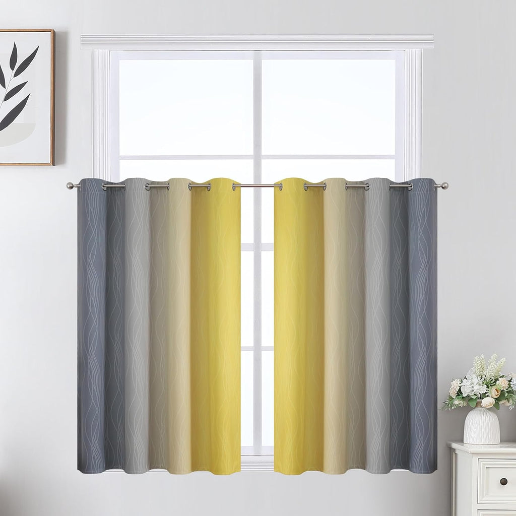 Estelartextiler Estelar Textiler Grey and Yellow Ombre Short Blackout Curtains 36 Inch Long, Thermal Insulated Grommet Small Half Window Dr…
