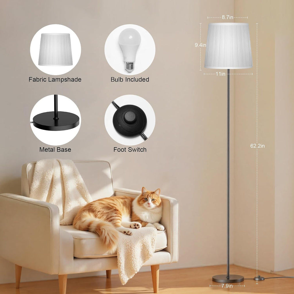 Sibrille Floor Lamp with Pleated Shade, 62" LED Dimmable Standing Lamp with Foot Switch, Color Options, 9W E26 Bulb Included, Modern Readin…