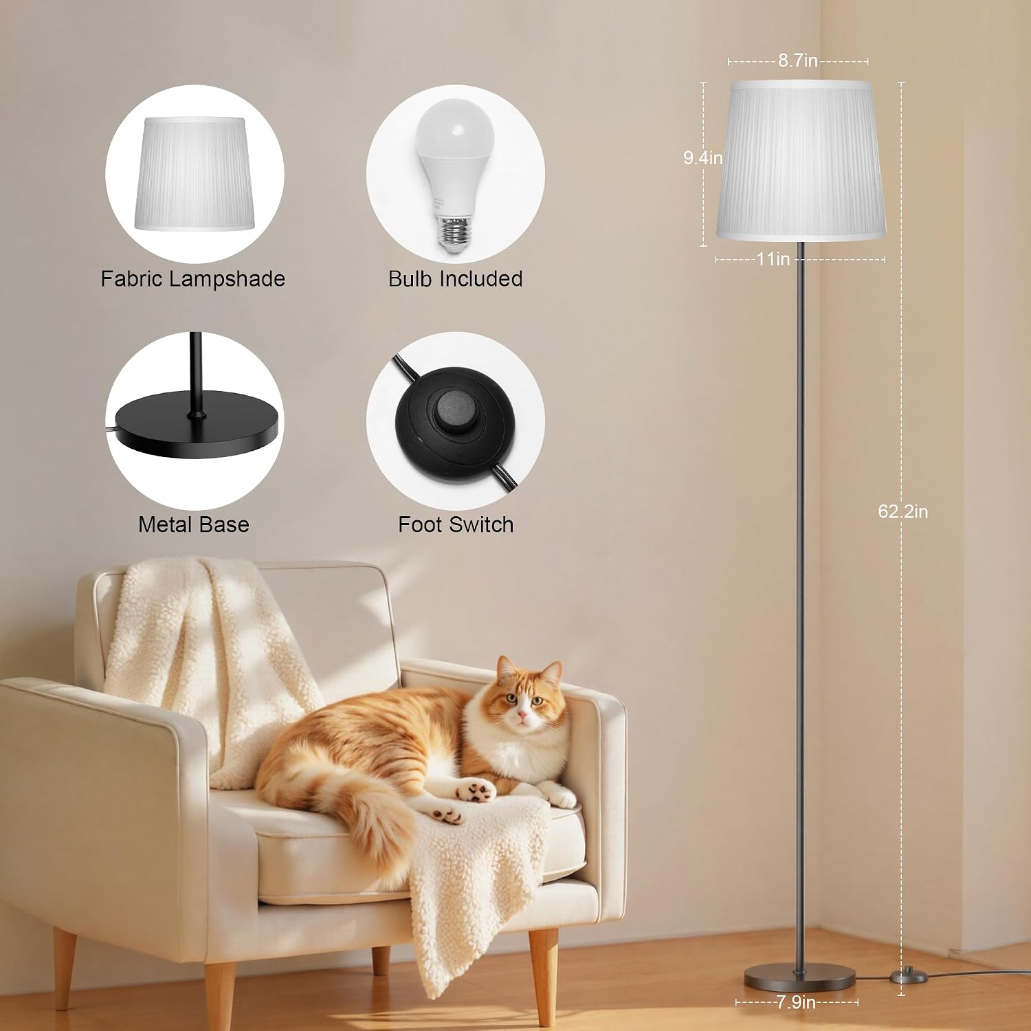 Sibrille Floor Lamp with Pleated Shade, 62" LED Dimmable Standing Lamp with Foot Switch, Color Options, 9W E26 Bulb Included, Modern Readin…