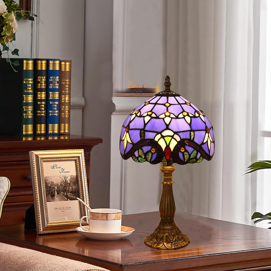 Tiffany Style Table Lamp, Blue Baroque Style Stained Glass Lamp, 8 Inch Small Antique Lamp, for Bedside Nightstand Bedroom Living Room…