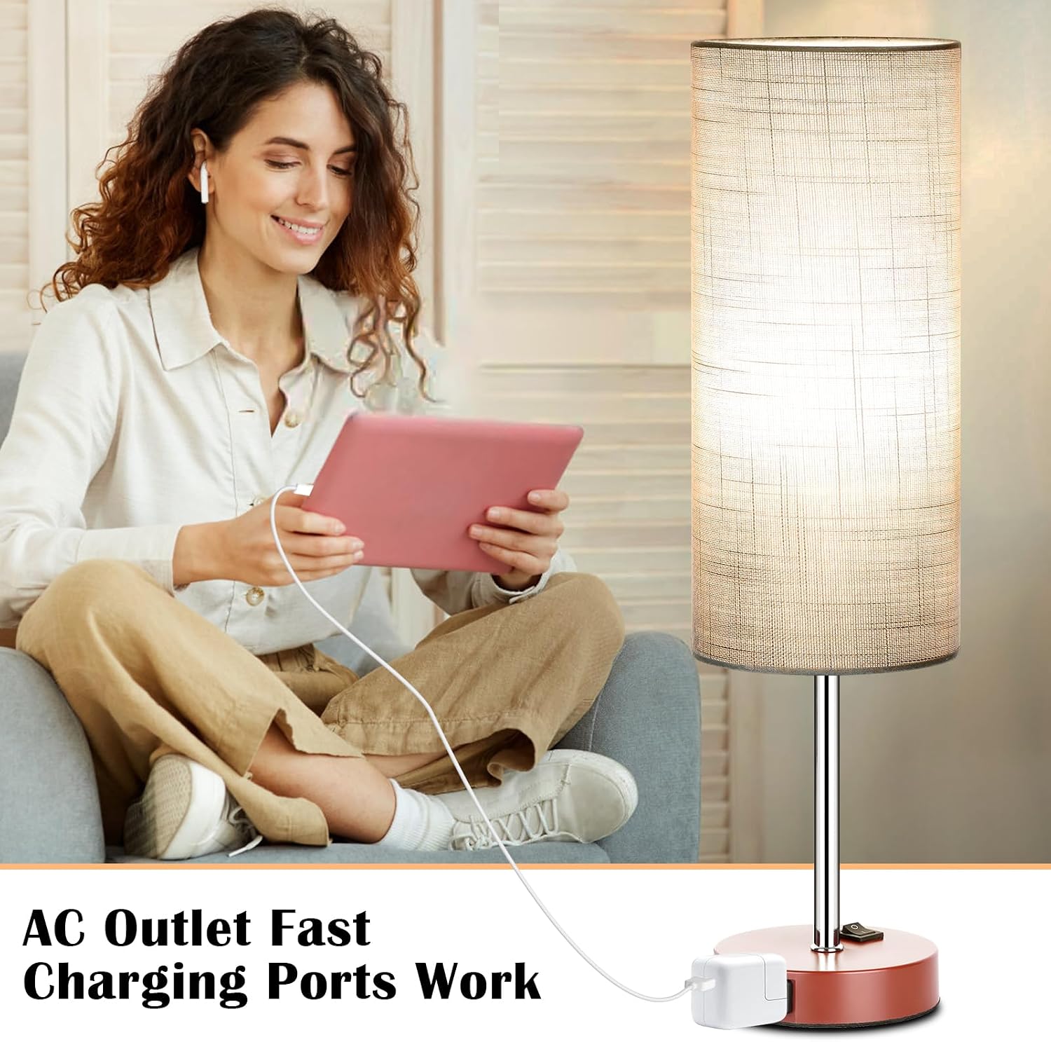 ZJOJO Table Lamp for Bedroom 2 Pack,18in Bedside Lamps with 3 Way Dimmable Rocker Switch & AC Outlet, Nightstand Desk Lamp with Gray…