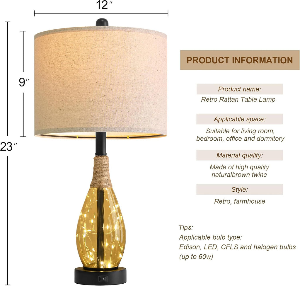 OYEARS 23" Table Lamps for Living Room Set of 2 Bedside Lamps for Night Stands Bedroom Lamps Farmhouse Rattan Boho Lamp Glass Nightlight…