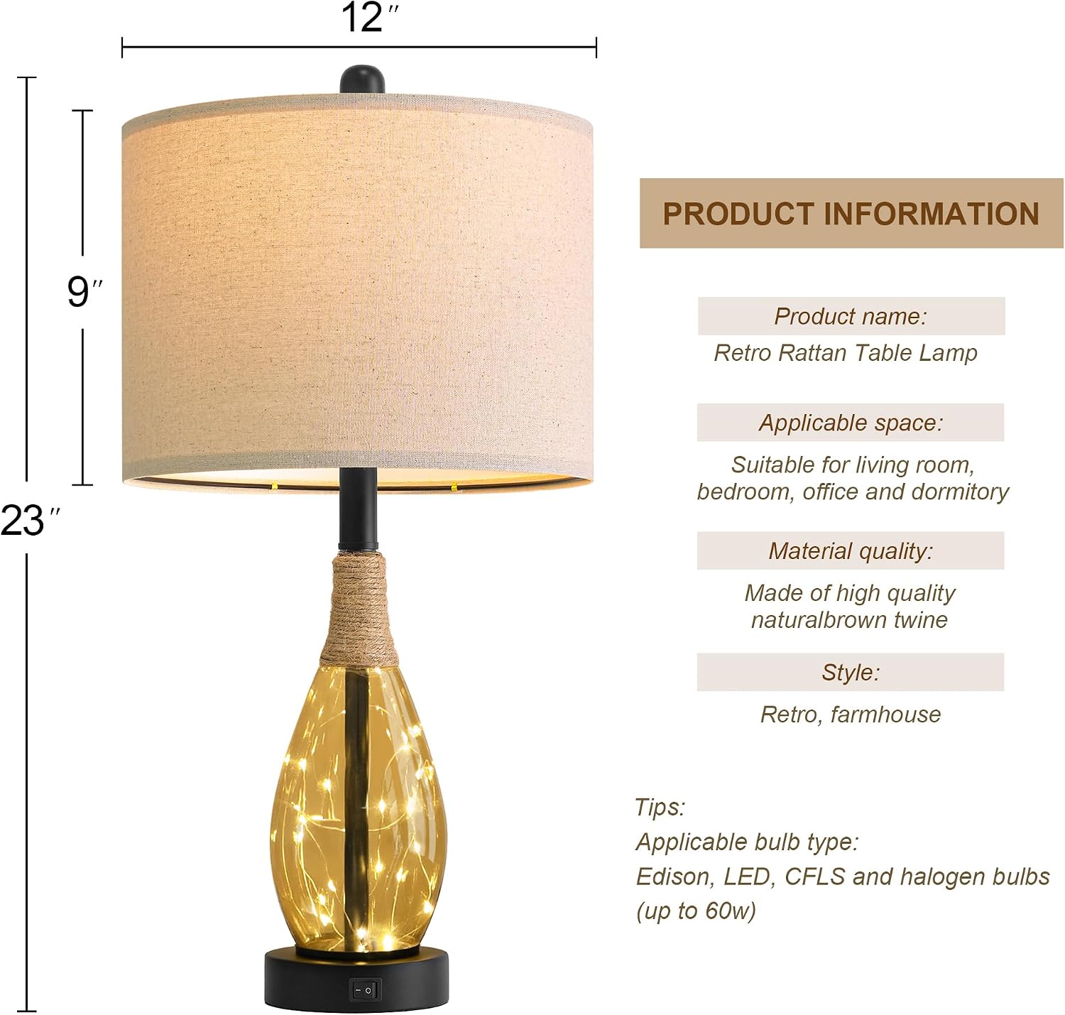 OYEARS 23" Table Lamps for Living Room Set of 2 Bedside Lamps for Night Stands Bedroom Lamps Farmhouse Rattan Boho Lamp Glass Nightlight…