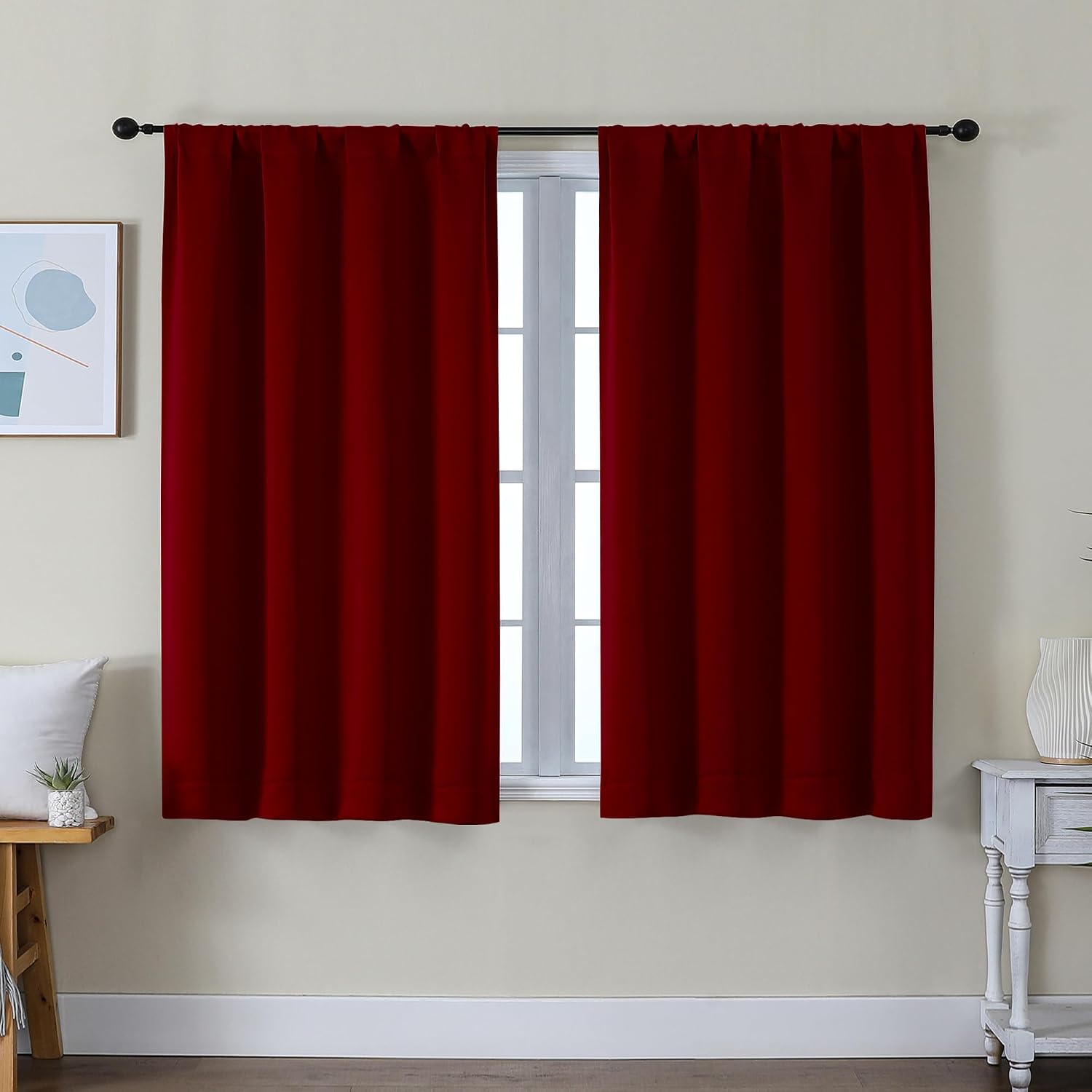 Simplebrand Ava Red Short Blackout Curtains for Bedroom 45 Inches Long 2 Panels Set, Solid Thermal Insulated, Energy Saving Window Treatmen…