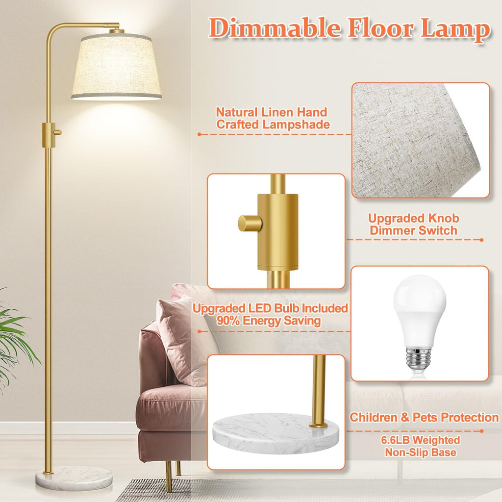 Nintiue Dimmable Gold Floor Lamp, 1000 LM LED Edison Bulb Included, Arc Floor Lamps for Living Room with Marble Base, Modern Standing…