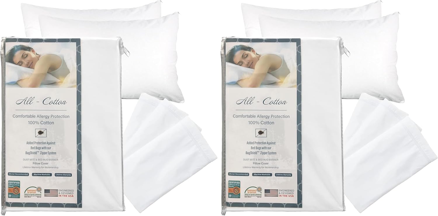 NationalAllergy National Allergy 100% Cotton Zippered Pillow Protector - Queen Size - White - 300 Thread Count - Hypoallergenic Bed Pillowc…