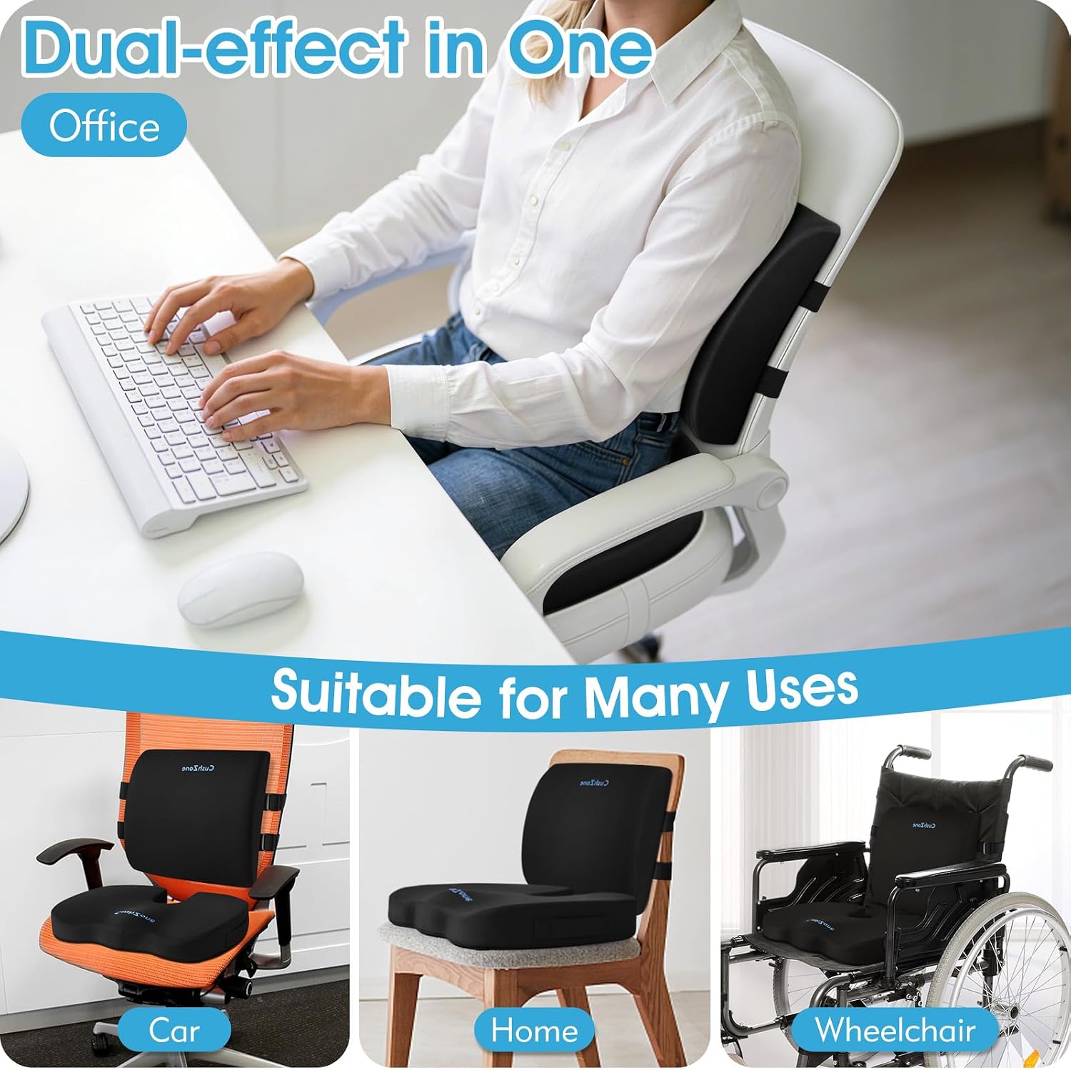 CushZone Seat Cushion, Lumbar Support Pillow with Adjustable Strap-Chair Cushions for Sciatica -with Washable Cover for Car, Travel and Whe…