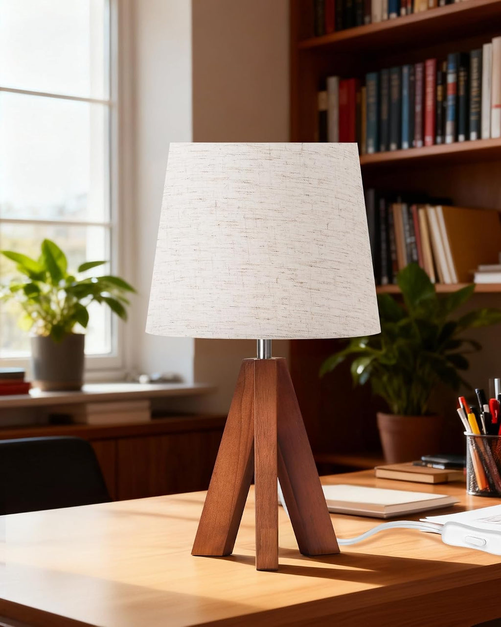 Tripod Table Lamp, 14.6 Inch Small Bedside Lamp with Beige Linen Shade, Modern Nightstand Lamp for Bedroom, Kids Room, Living Room…