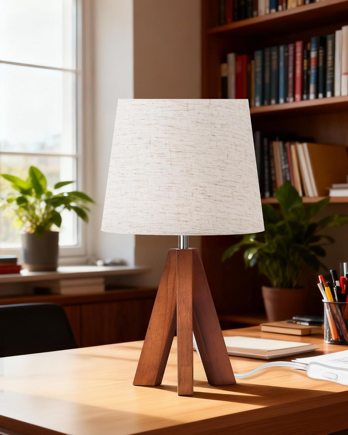 Tripod Table Lamp, 14.6 Inch Small Bedside Lamp with Beige Linen Shade, Modern Nightstand Lamp for Bedroom, Kids Room, Living Room…