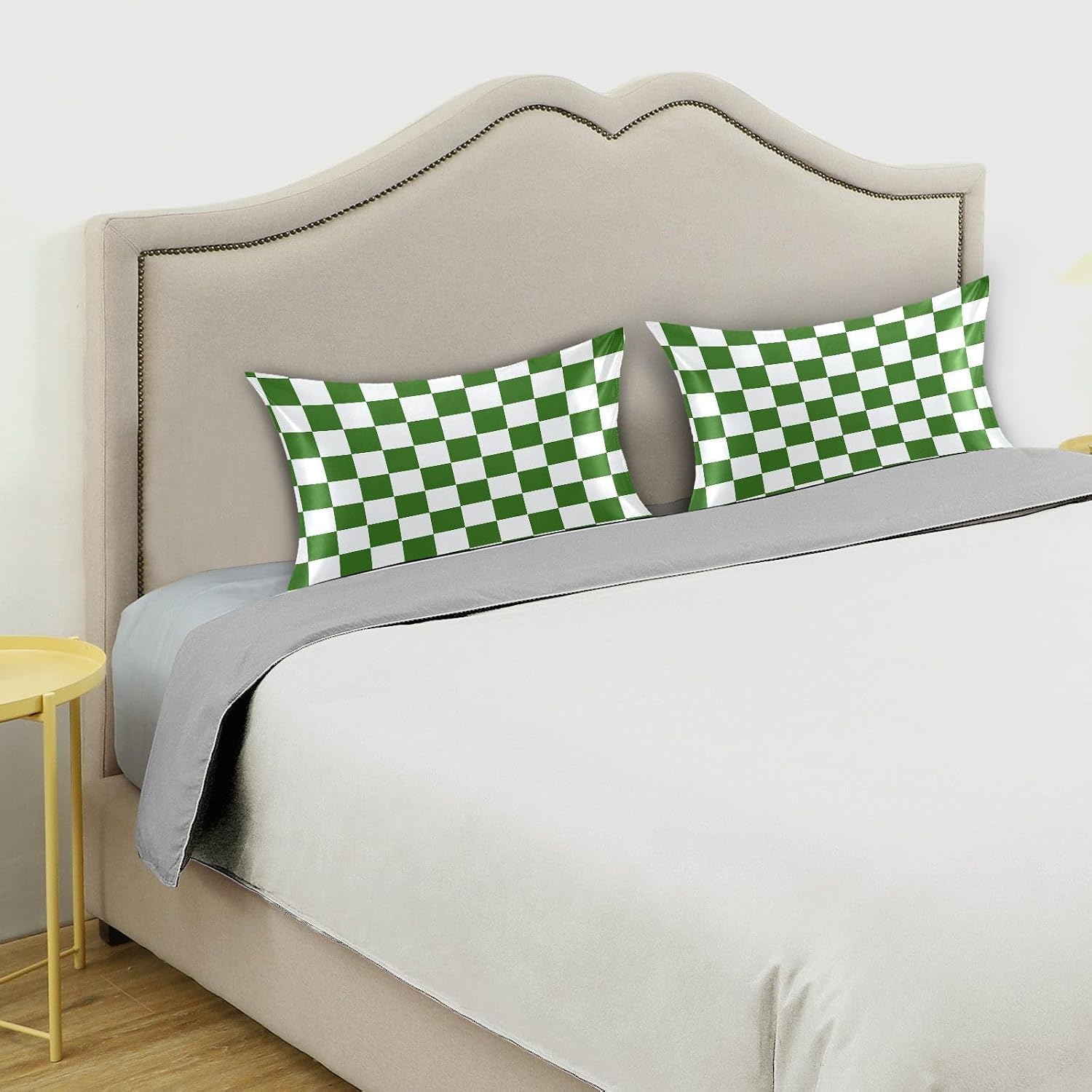 Checkerboard White Green Plaid Print Pillow Covers Silk Pillowcase for Hair and Skin with Envelope Closure Soft Satin Pillowcase King…