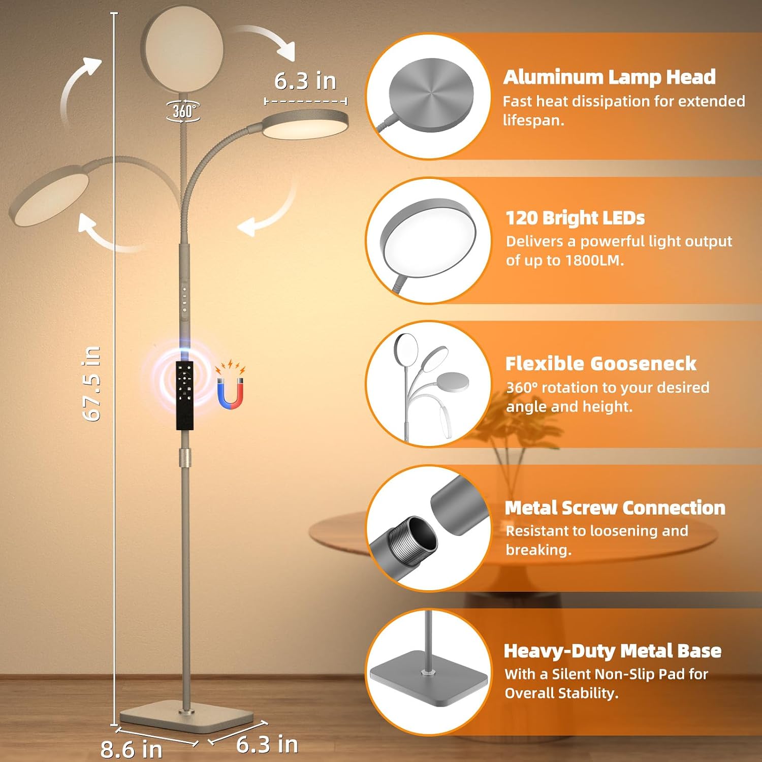 Pacovy Floor Lamp, Adjustable Height Floor Lamps for Living Room Bedroom, 120 LED Super Bright Standing Lamp Remote Control Dimmable Goosen…