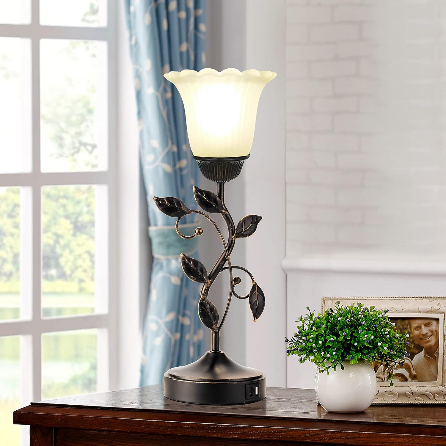 Touch Bedside Lamp with 2 USB Charging Ports, 3-Way Dimmable Nightstand Lamps, White Glass Shade Vintage Rural Leaf Lamp for Living Room…
