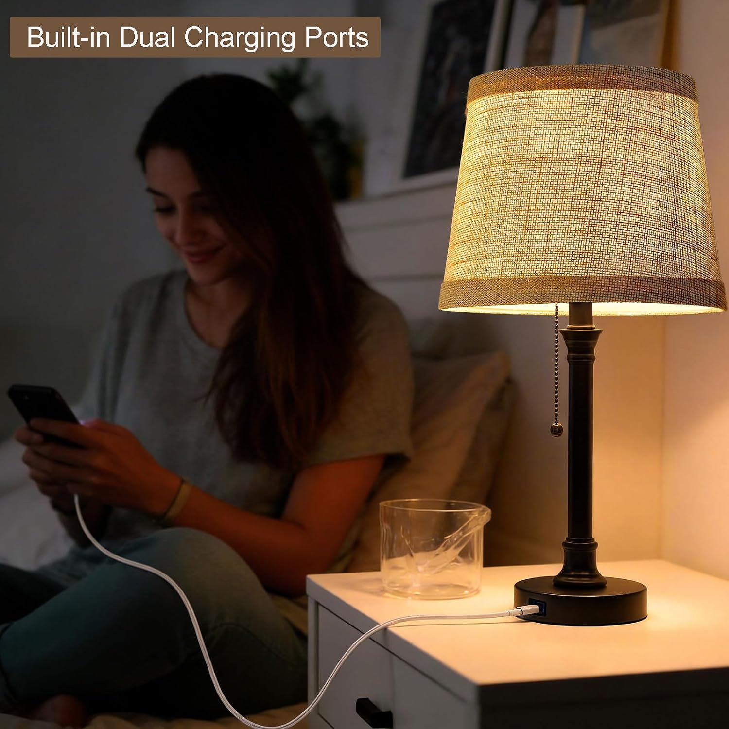 Oneach 19.5" Small Table Lamp with USB A+C Charging Ports, Black Modern Rustic Bedside Lamp with Natural Shade, Black Metal Pull Chain…