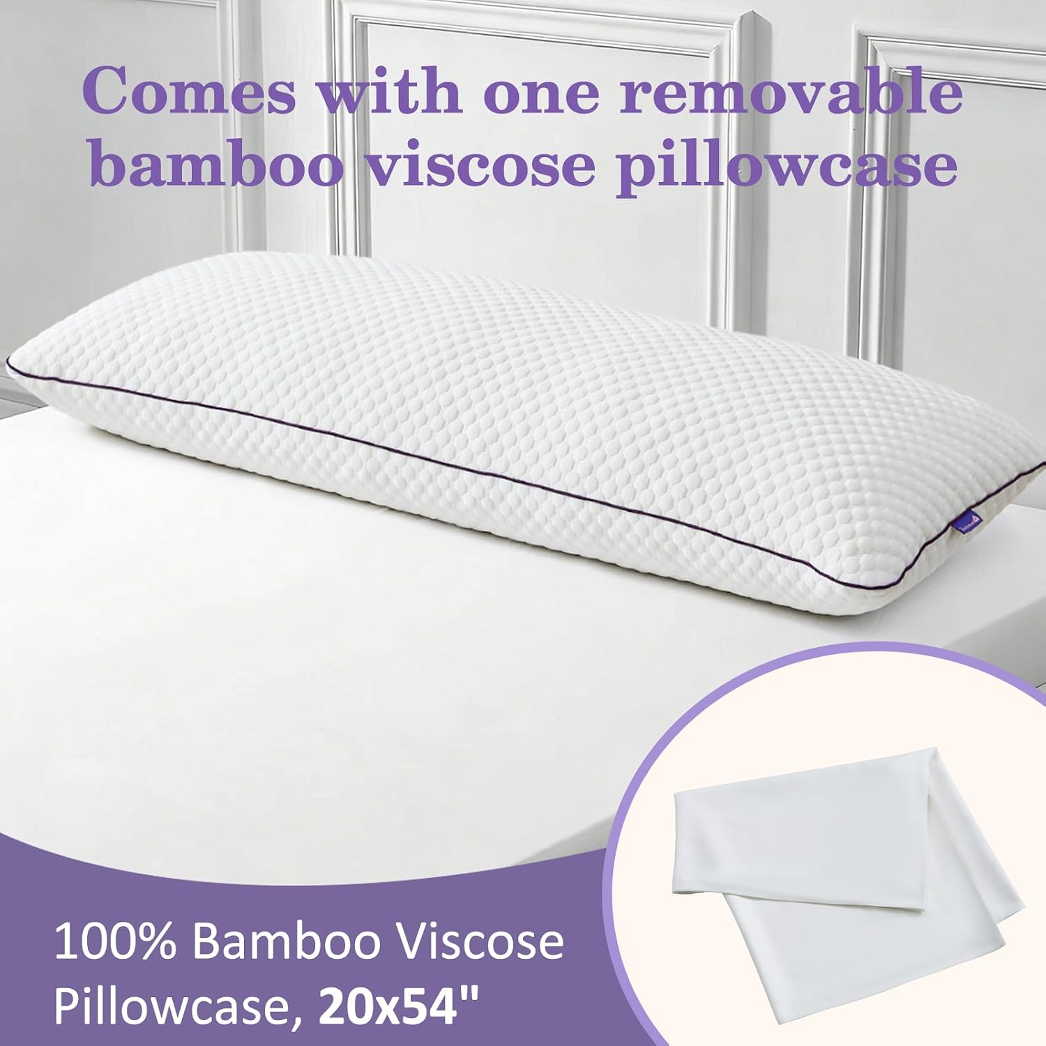 Homelab Cooling Adjustable Body Pillow (20x54) with White Bamboo Viscose Pillowcase Bundle, Full Body Support for Side Sleepers, Back, Hip…