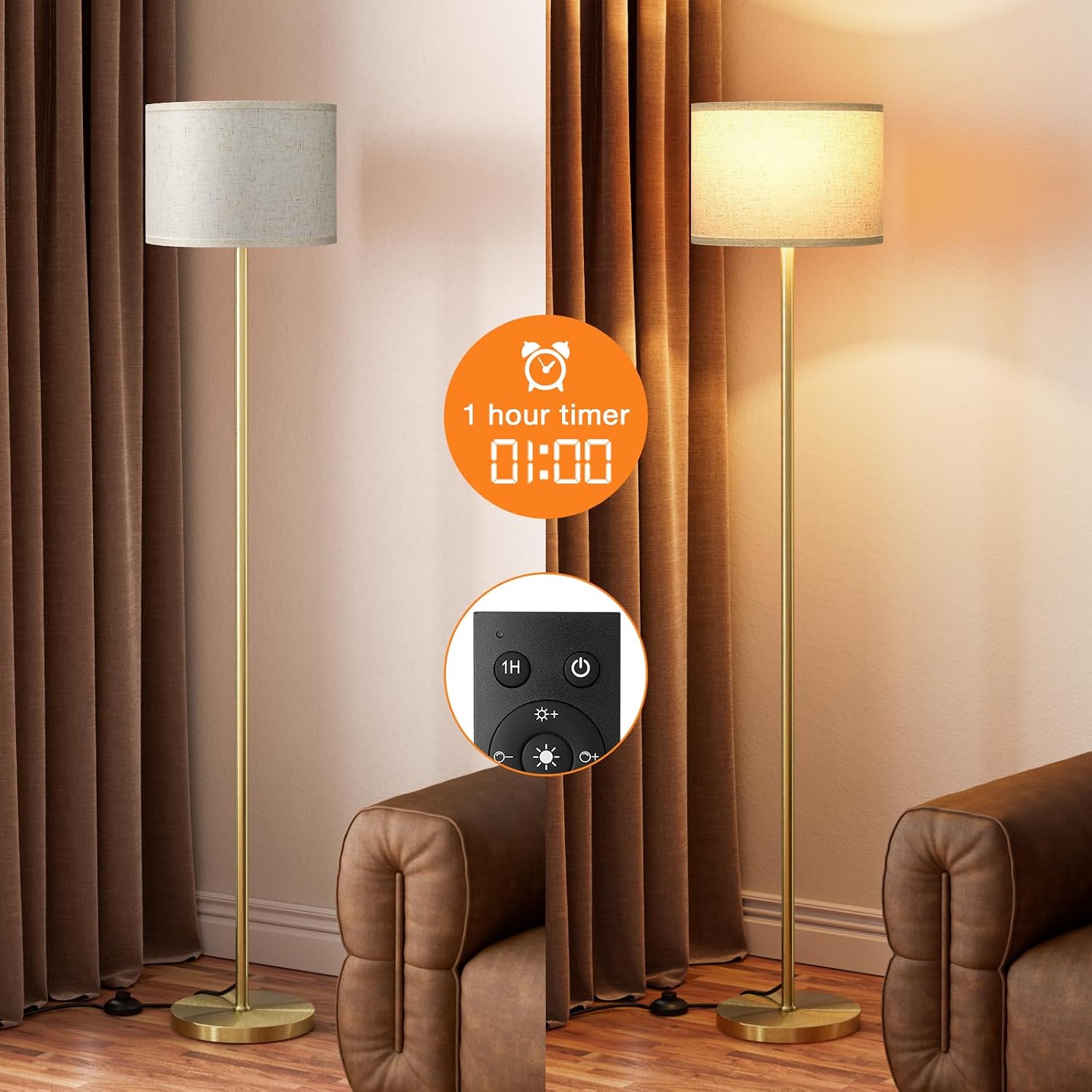 Ambimall 60'' Modern Floor Lamp with Remote, Tall Lamps for Living Room, Bedroom, Office, Dining Room, Beige Shade with Gold…