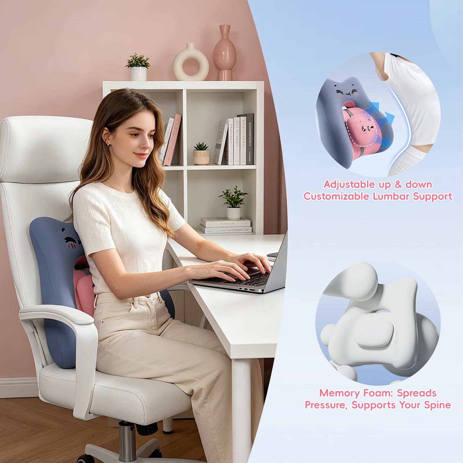 Bebas Lumbar Support Pillow for Car & Office Chair - Ergonomic Back Support Cushion with Adjustable Memory Foam Bolster, Cute Cartoon Desig…