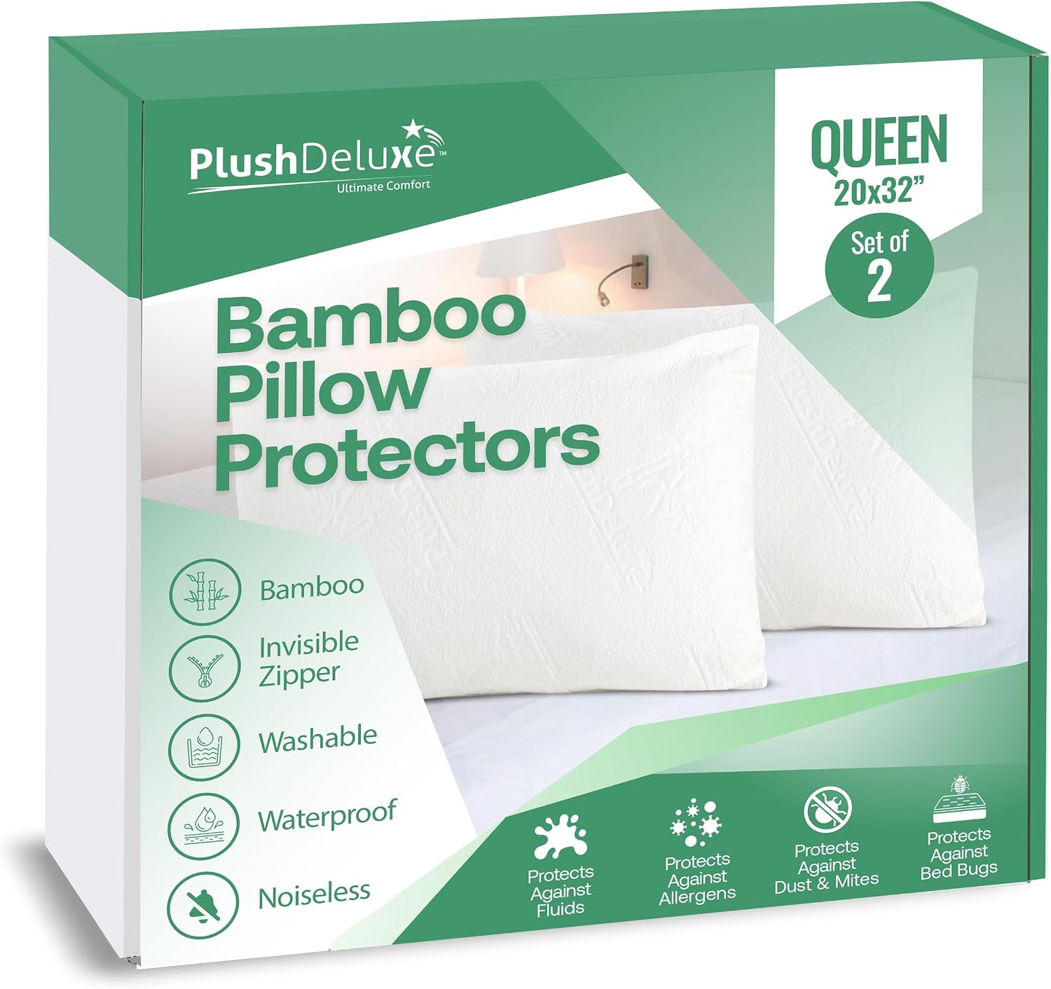 PlushDeluxe Waterproof Pillow Protector Covers - Viscose Made from Bamboo – Allergy, Dust, and Mite Proof Zippered Pillowcase, Set of 2 Que…