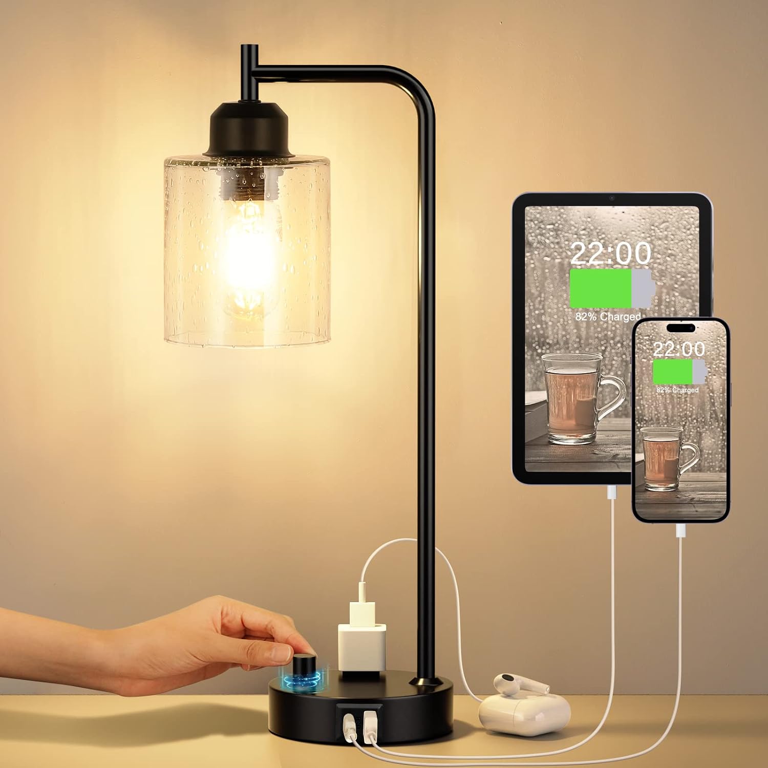 Industrial Bedside Table Lamp for Bedroom - Nightstand Lamps with USB C Charging Port, Fully Dimmable Black Ports and Outlets, Small Desk…