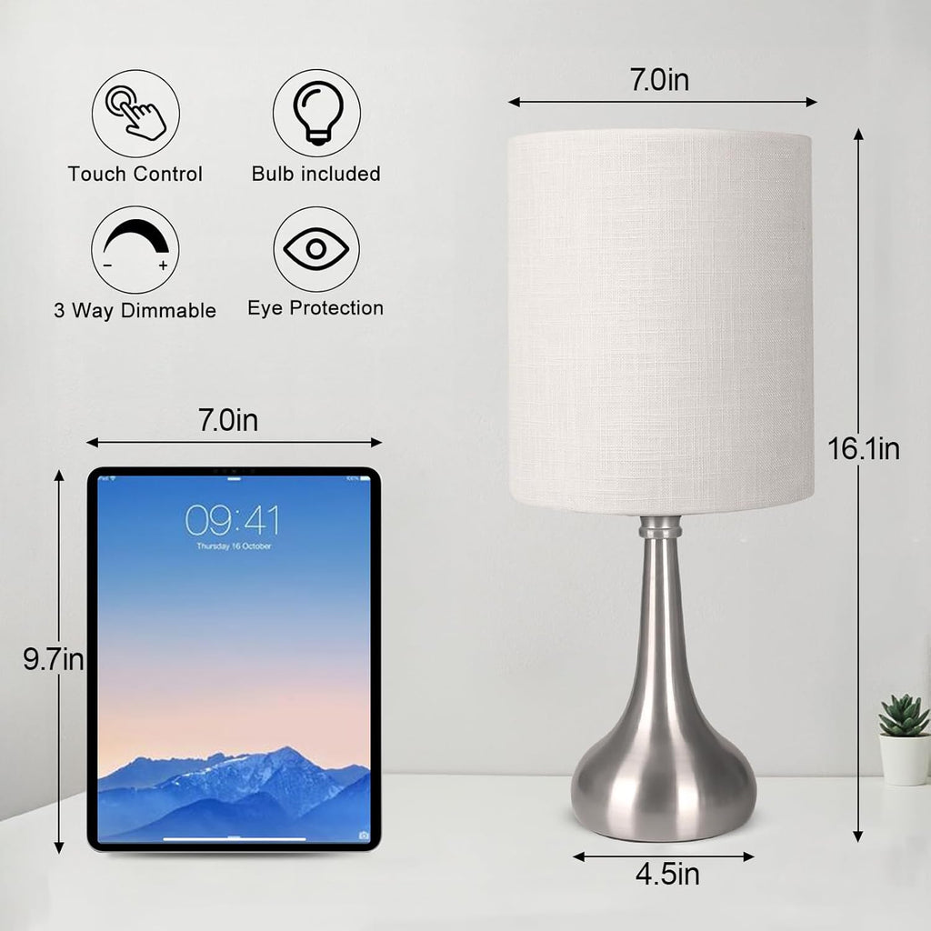 Touch Control Table Lamp, 3 Way Dimmable Simple Night Light Lamp with White Lampshade Silver Metal Base, Small Bedside Table Lamp for…