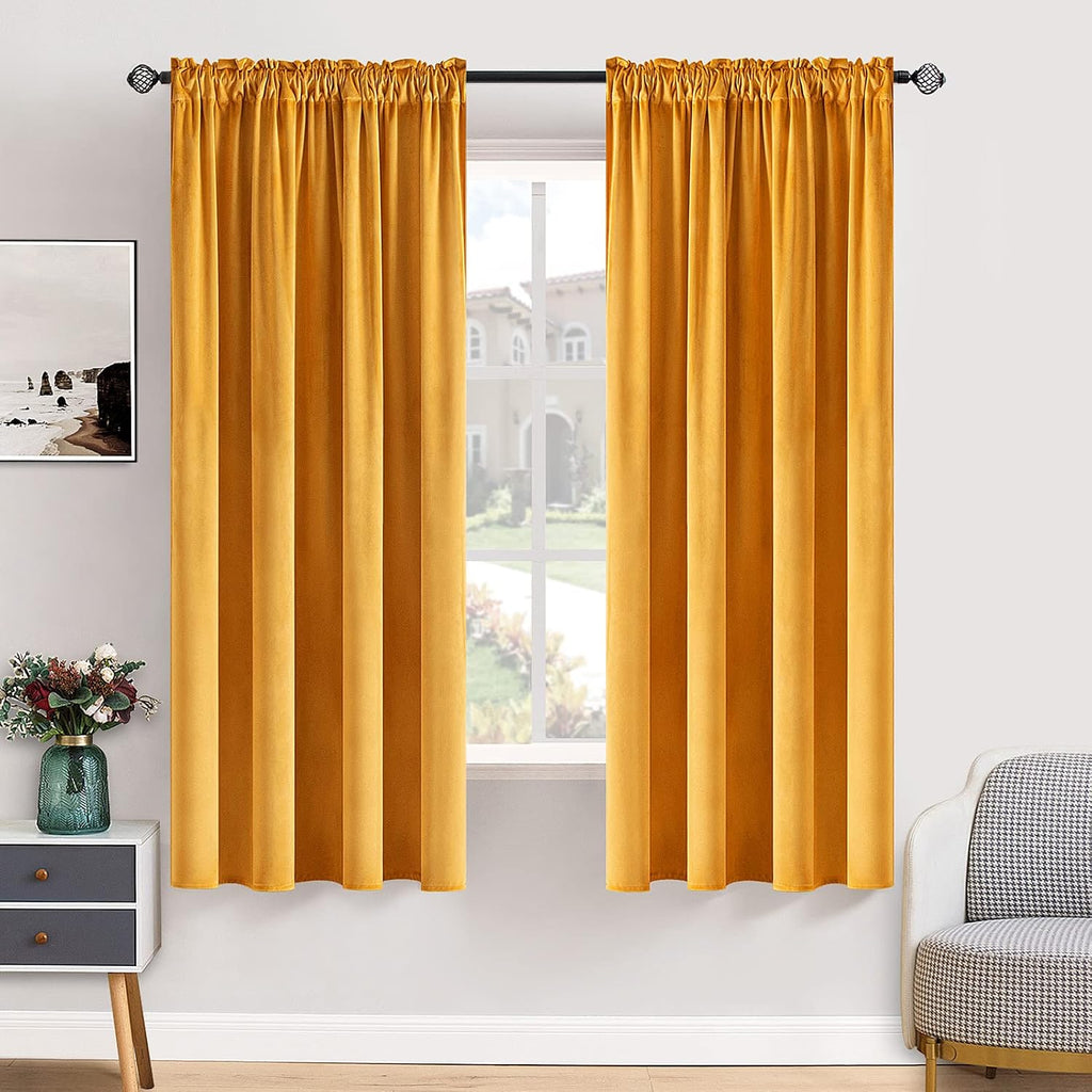 MIULEE Mustard Yellow Velvet Curtains Thermal Insulated Blackout Curtain Fall Drapes for Bedroom Living Room Darkening 63 Inches Long…