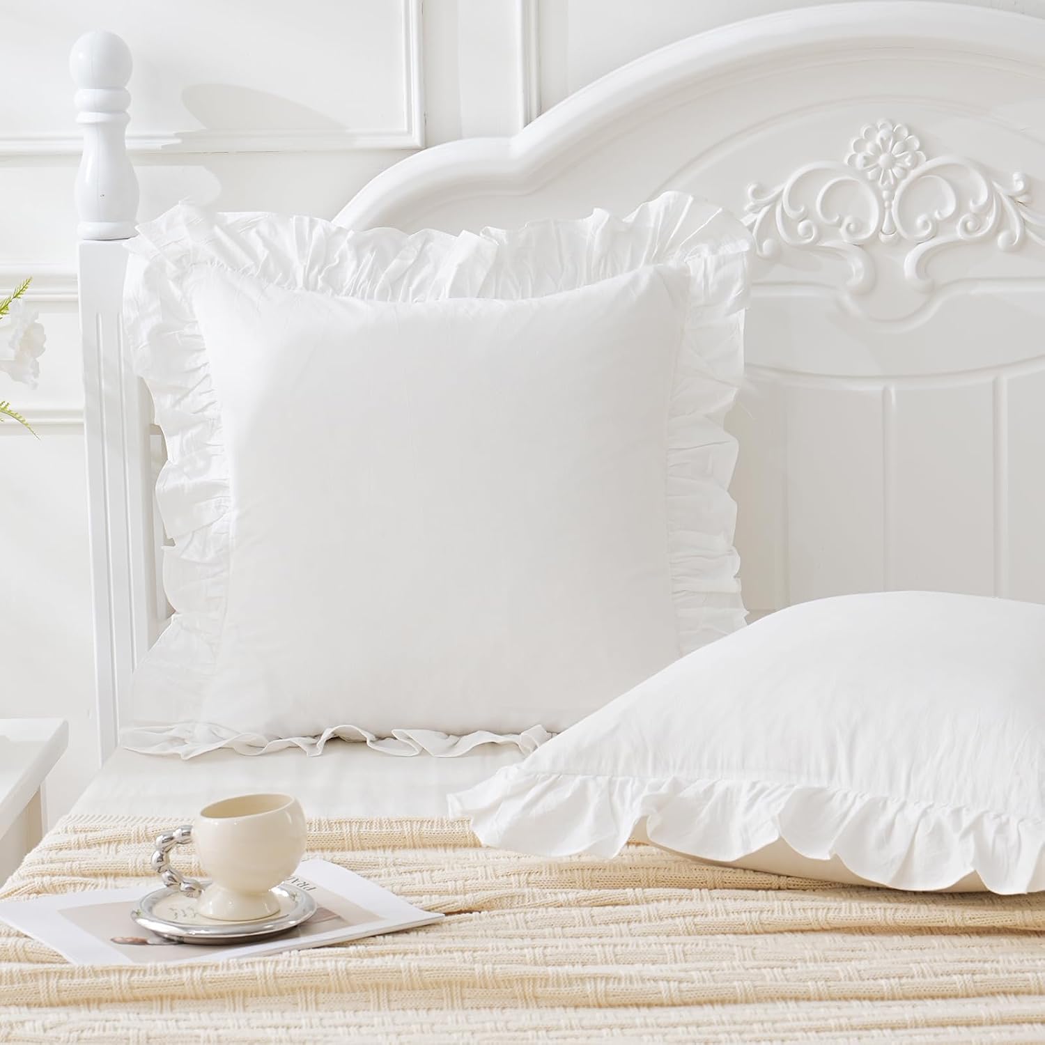 Qilunn Vintage Off White Ruffle Euro Shams Shabby Farmhouse Pillow Cover 100% Washed Cotton Pillowcases Set of 2-26"x26" White 2pcs Cotton…