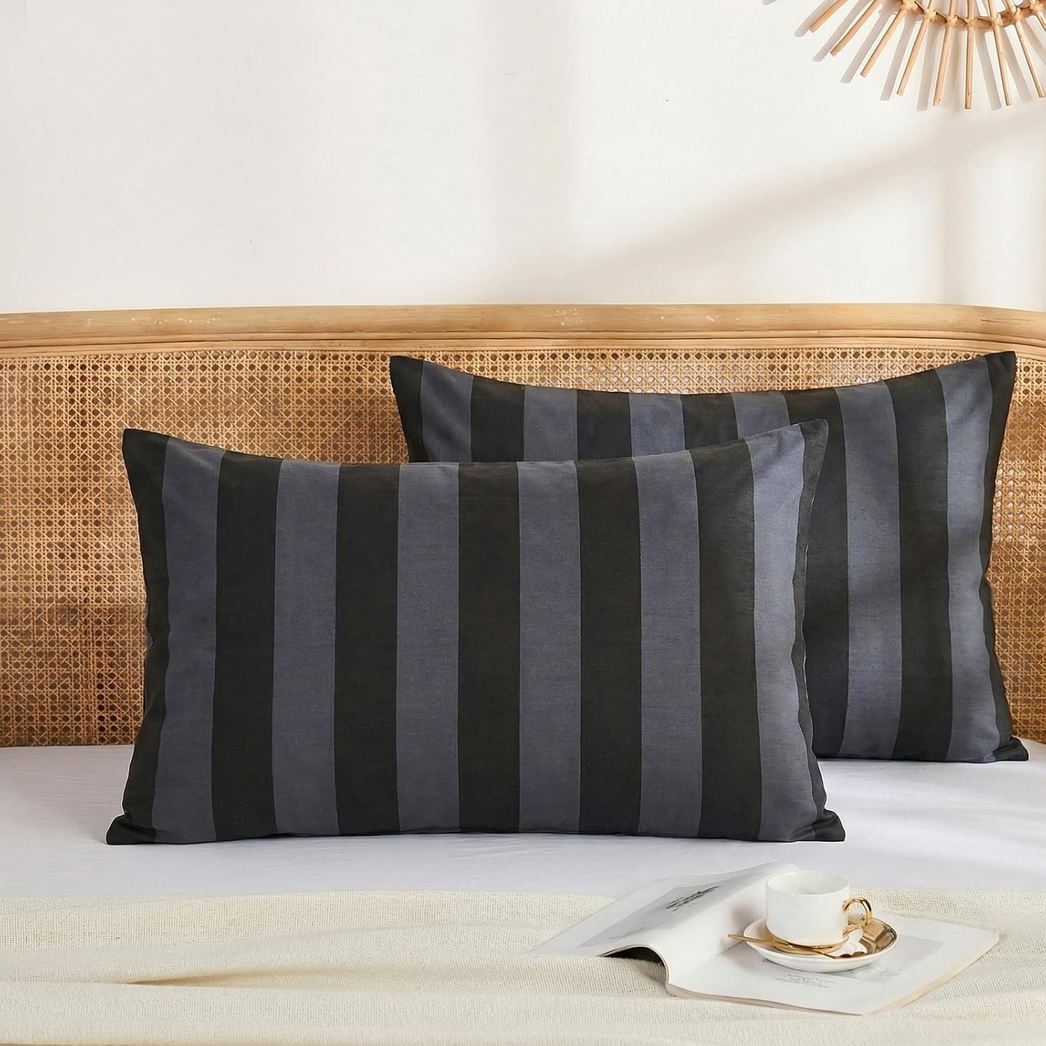 Merryword Queen Size Pillowcases, 100% Cotton Pillow Cases, Black and Gray Striped Pillowcases, Luxury Linen Like Pillowcase, Soft Breathab…