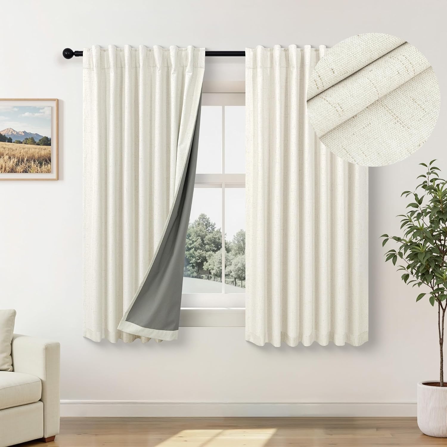 Pitalk Short Blackout Curtains for Bedroom 45 Inch Length 2 Panels Faux Linen Cream Colored Cute Cottage Core Cafe Kitchen Bathroom Curtain…