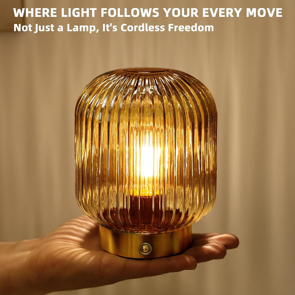MJ PREMIER Rechargeable Table Lamp, Yellow Glass Lamp with Memory Function, Small Cordless LED Lamp with Dimmable Brightness, Decorative…