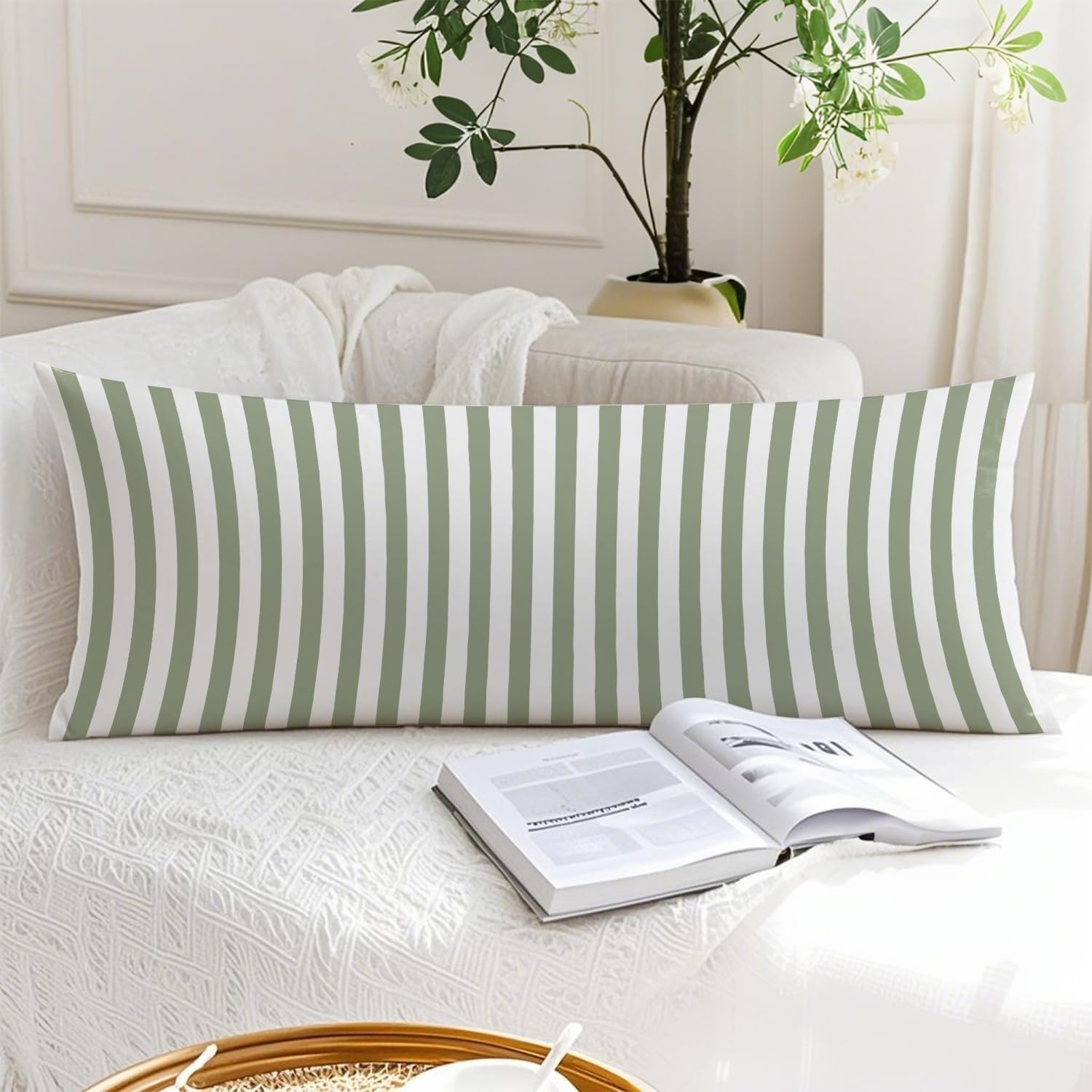 Sage Green Striped 20x54 Body Pillow Cover, Preppy Room Dorm Decor, Sage Green and White Line Decorative Long Body Pillow Cases for Bed…