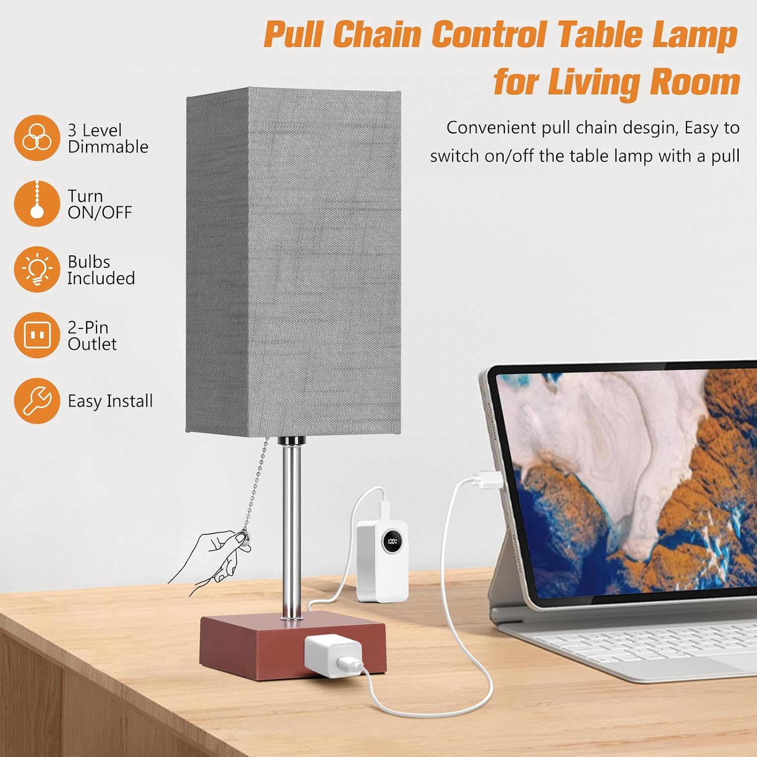 PLMMY Bedside Table Lamp for Bedroom Nightstand, 3 Color Pull Chain Nightstand Lamps Set of 2 with AC Outlets, Square Gray Lampshade…