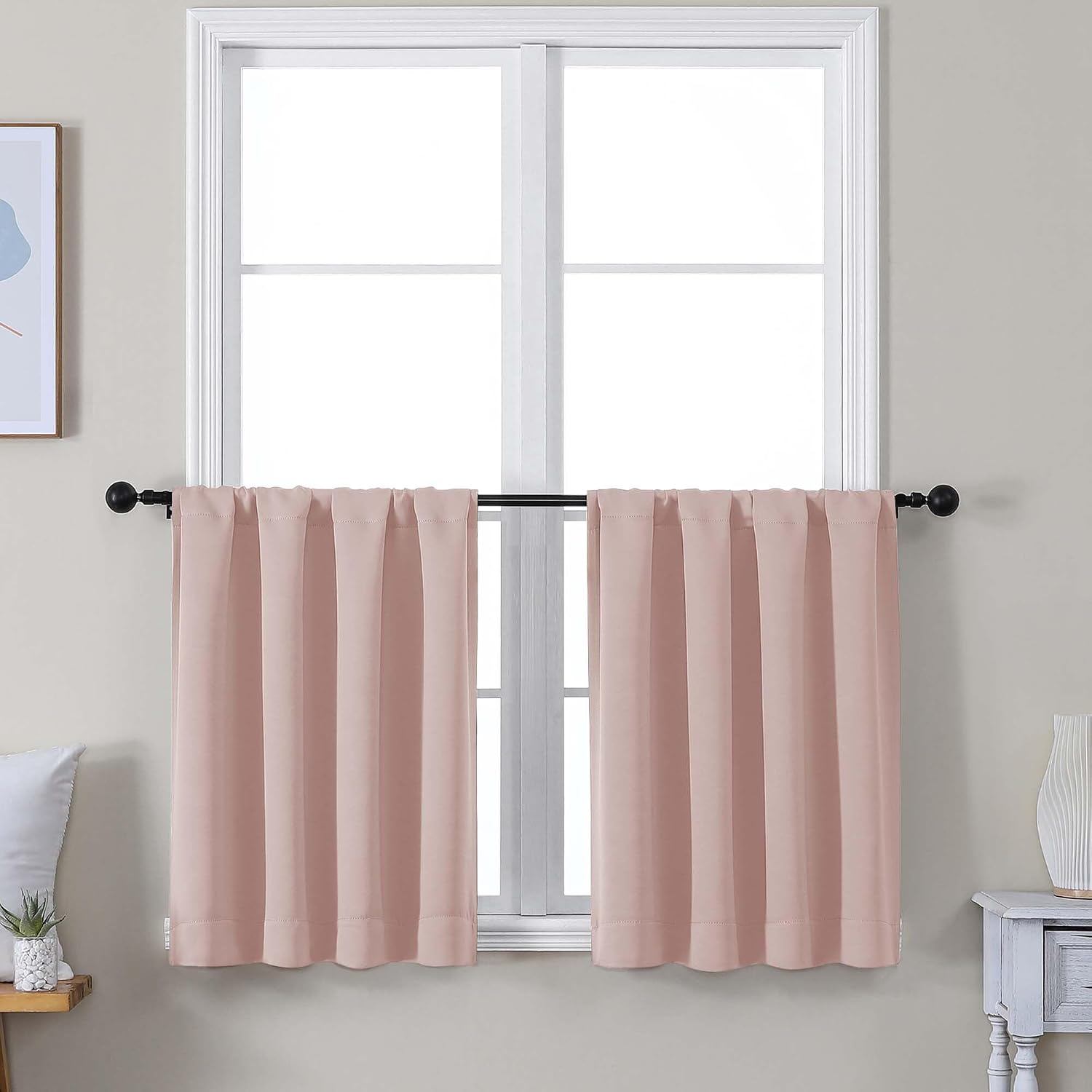 Simplebrand Ava Blush Short 24 Inches Blackout Curtain 2 Panels Set, Half Window Rod Pocket Privacy Curtain Tiers for Kitchen, Curtains Bla…