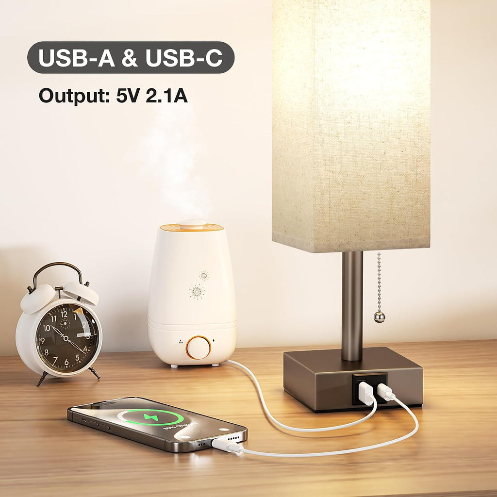 Aooshine Beige Small Table Lamp for Bedroom - 3 Color Temperature 3000K 5000K 4000K Bedside Lamp, Pull Chain Control, USB A and C Ports, Br…