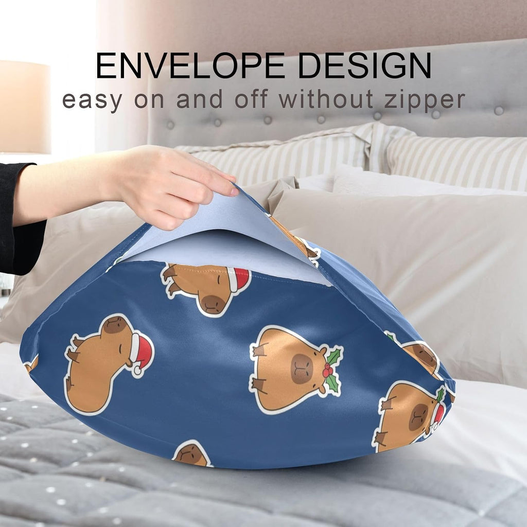 Christmas Capybara Blue Pillow Covers Silk Pillowcase for Hair and Skin with Envelope Closure Satin Pillowcase King Size Pillow Case for…
