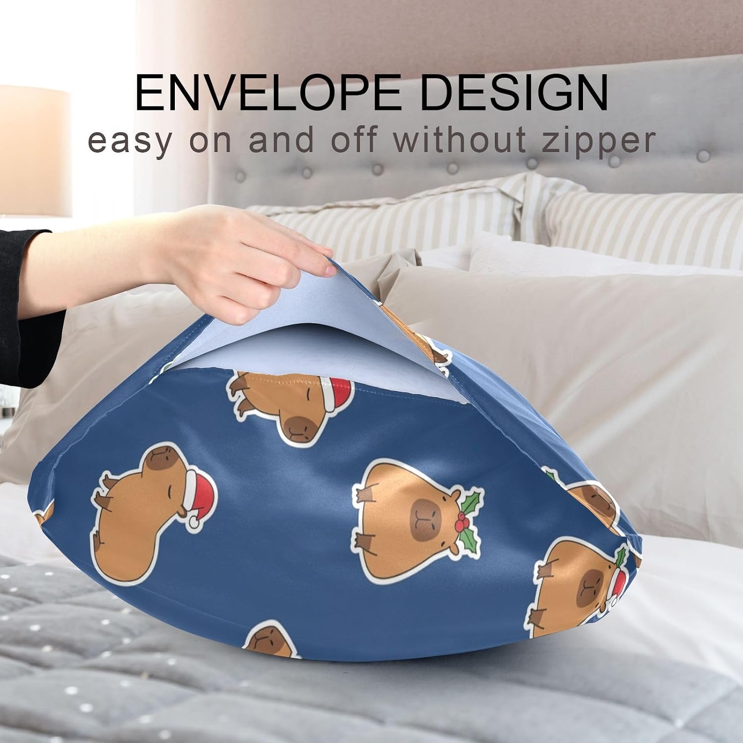 Christmas Capybara Blue Pillow Covers Silk Pillowcase for Hair and Skin Breathable Silky Soft Satin Pillowcase Queen Size Pillow Case for…
